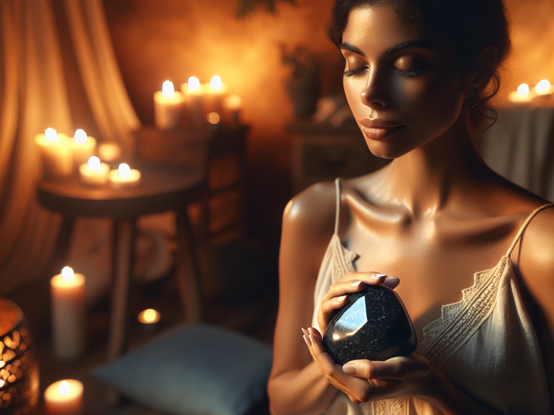 Mulher meditando com pedra obsidiana