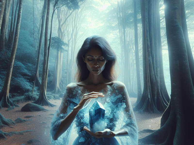 Mulher meditando com ágata azul em uma floresta tranquila