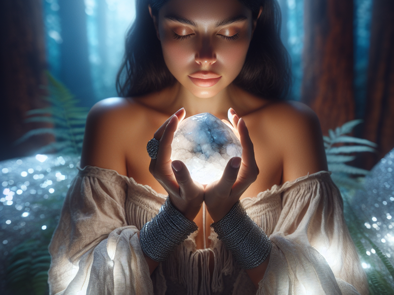 Mulher meditando com uma Pedra da Lua